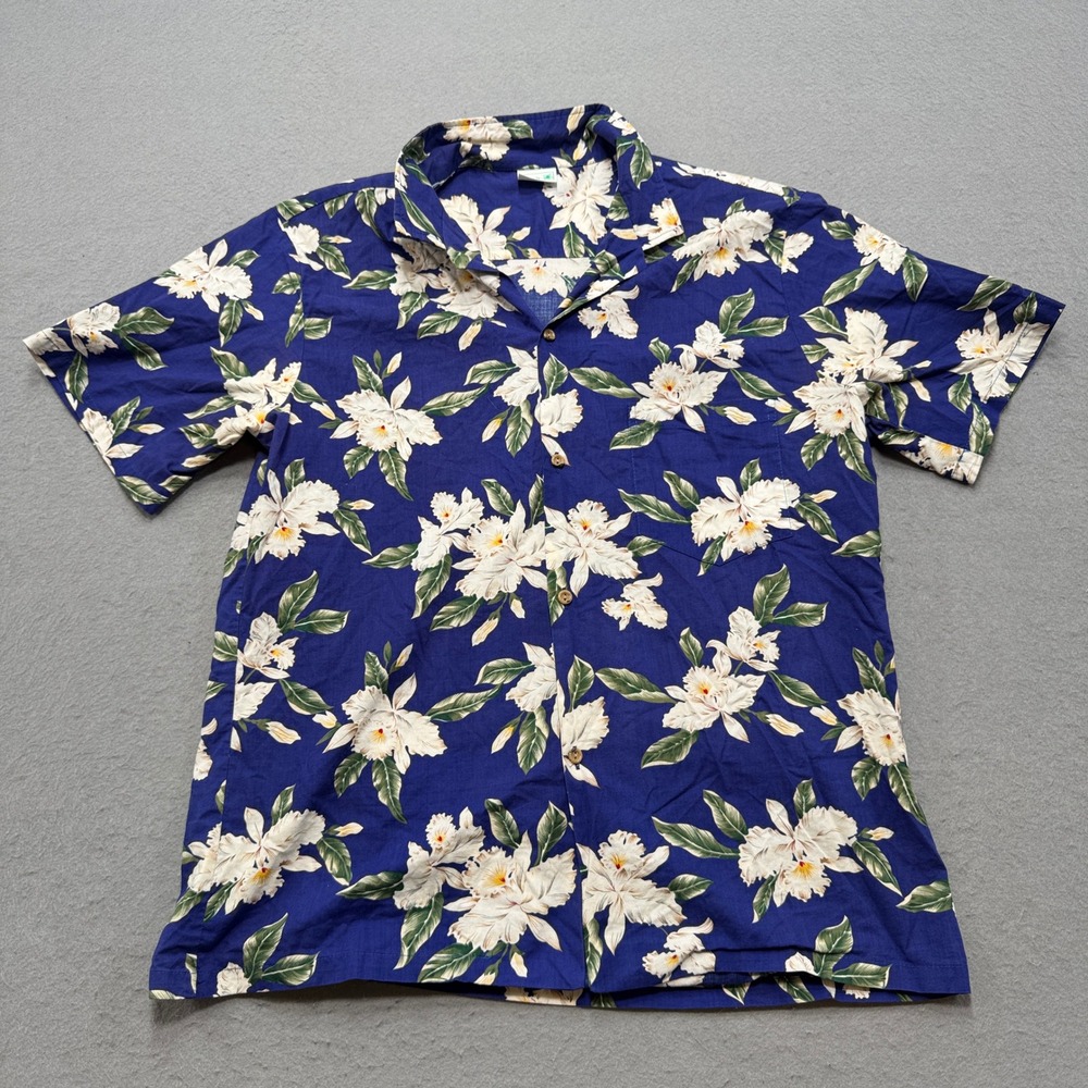 Vintage Hawaiian Shirt Mens XL Blue Floral Tropical Button Up Made in Hawaii USA